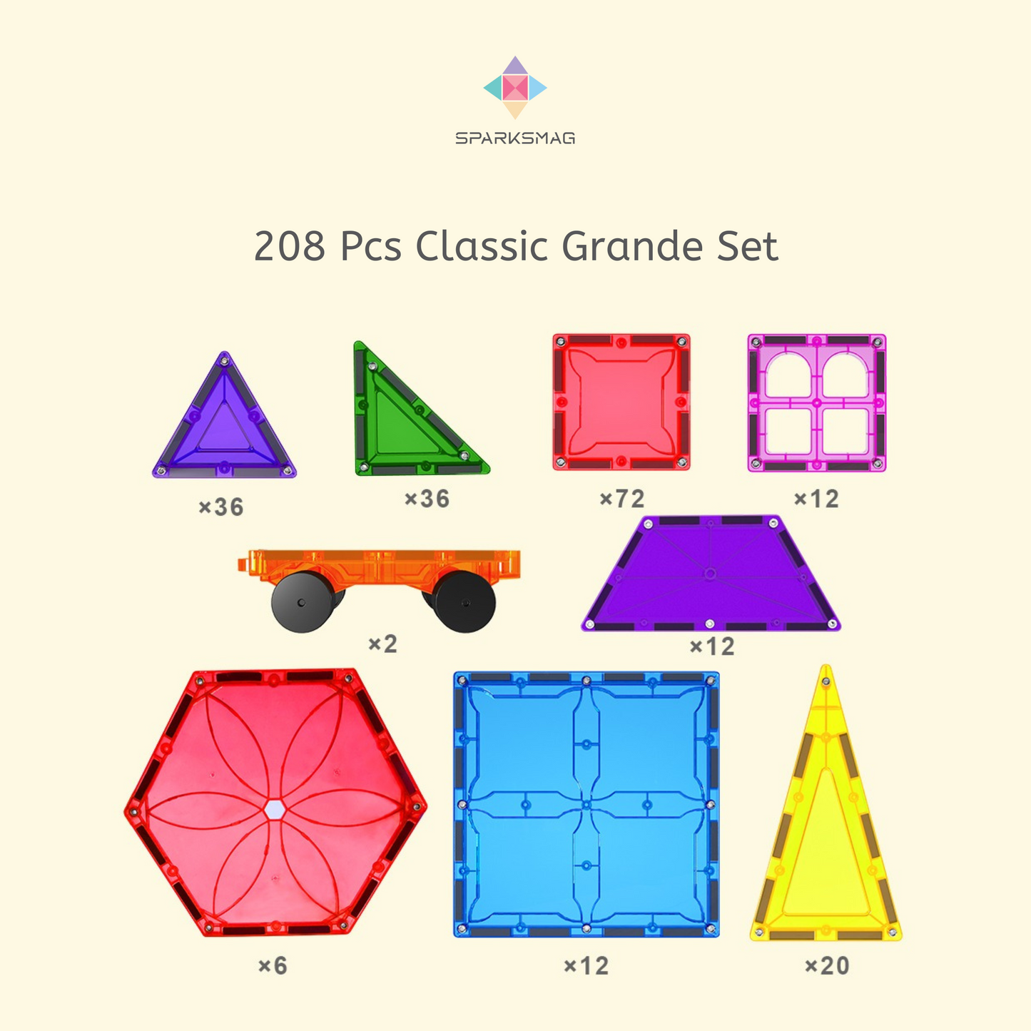 SparksMag 208 Pieces Grande Complete Magnetic Tiles