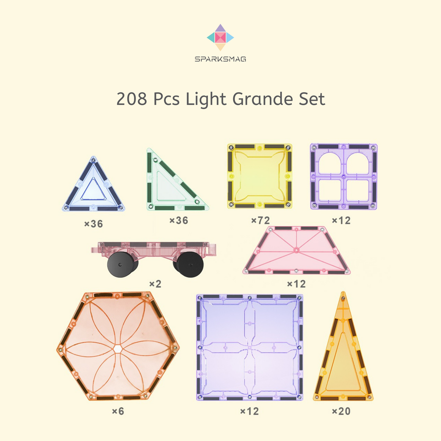 SparksMag 208 Pieces Grande Complete Magnetic Tiles