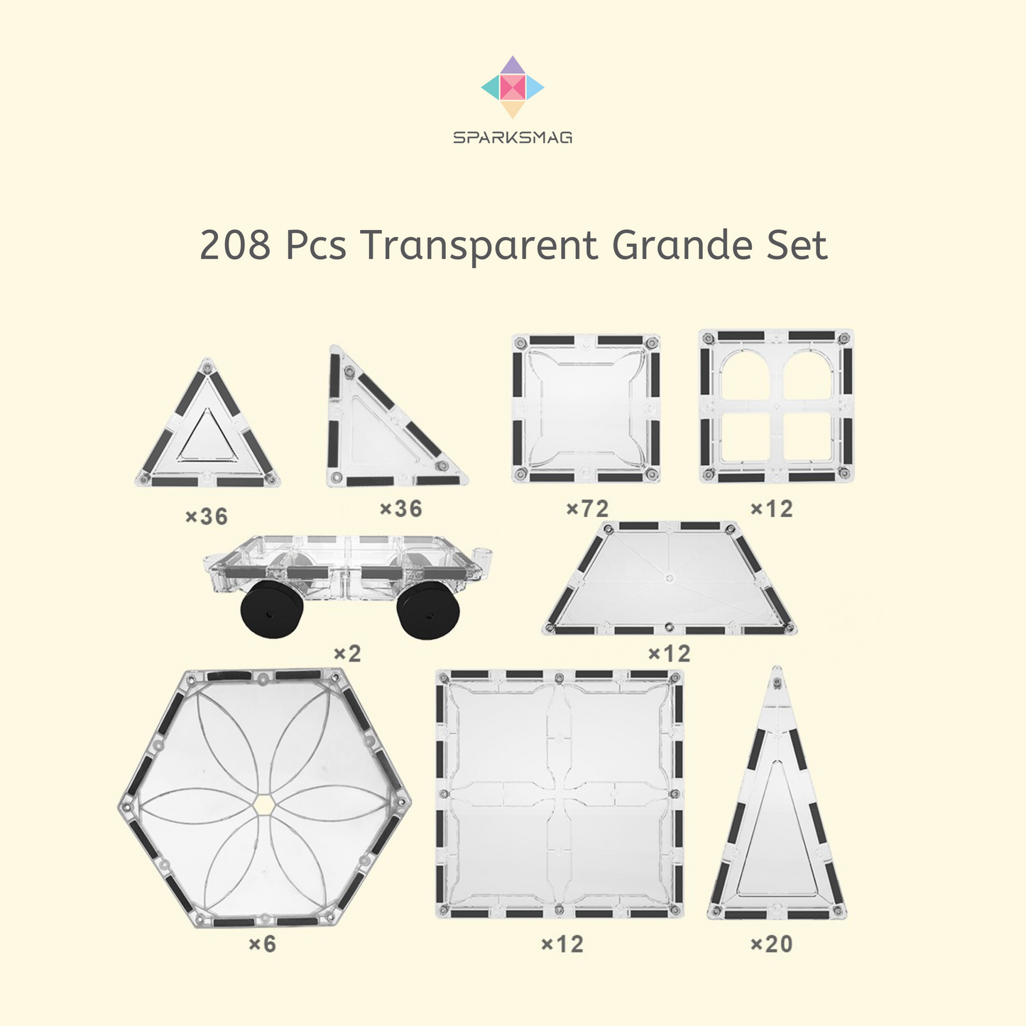 SparksMag 208 Pieces Grande Complete Magnetic Tiles