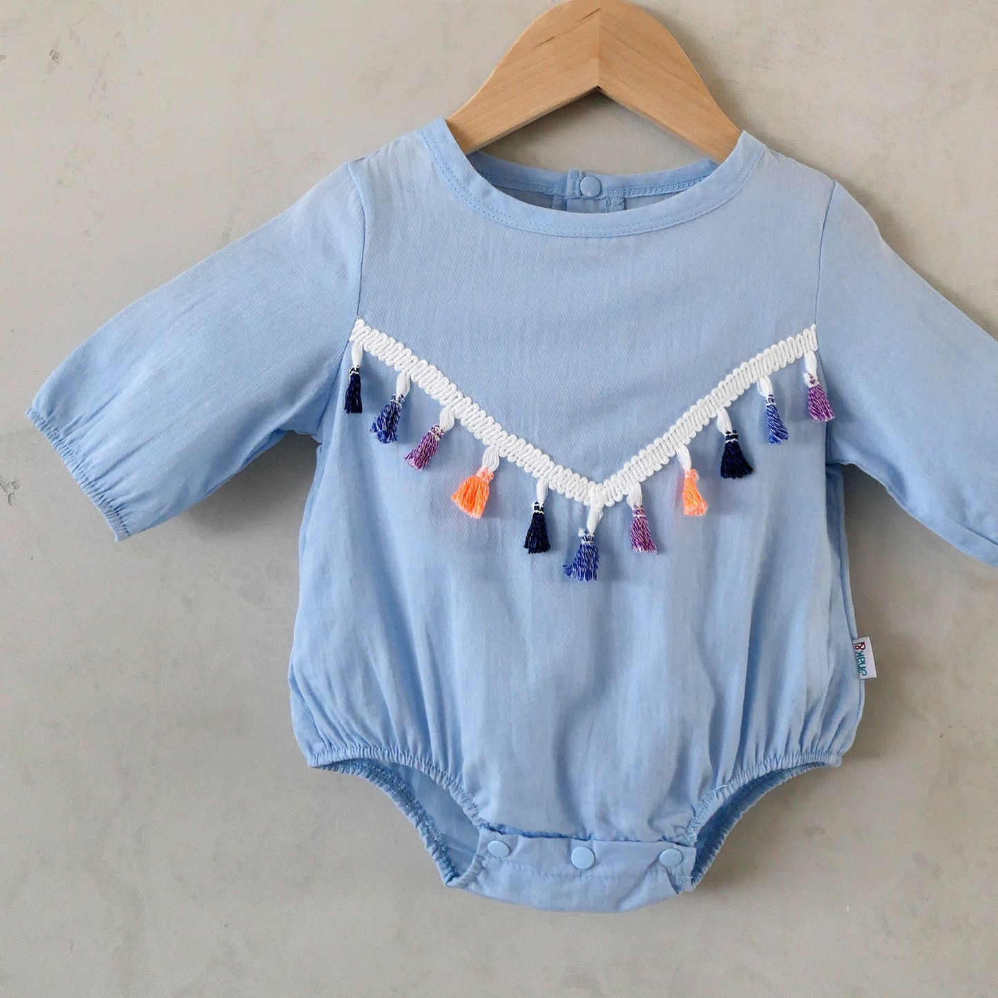 baby girl tassle blue onesie cotton linen romper anak & i sg anak and i singapore